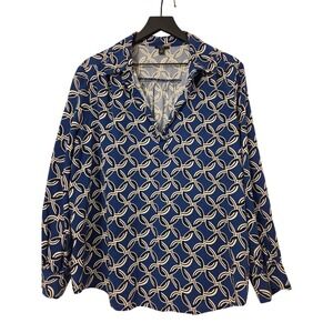 Ann Taylor Factory Petite‎ XLP Blue Geometric Print Long Sleeve Blouse